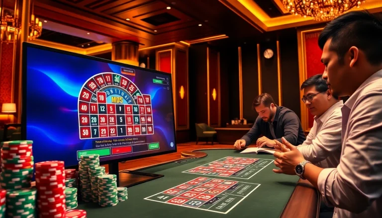 Tài xỉu md5 gaming table in a luxurious casino setting with poker chips and dice.