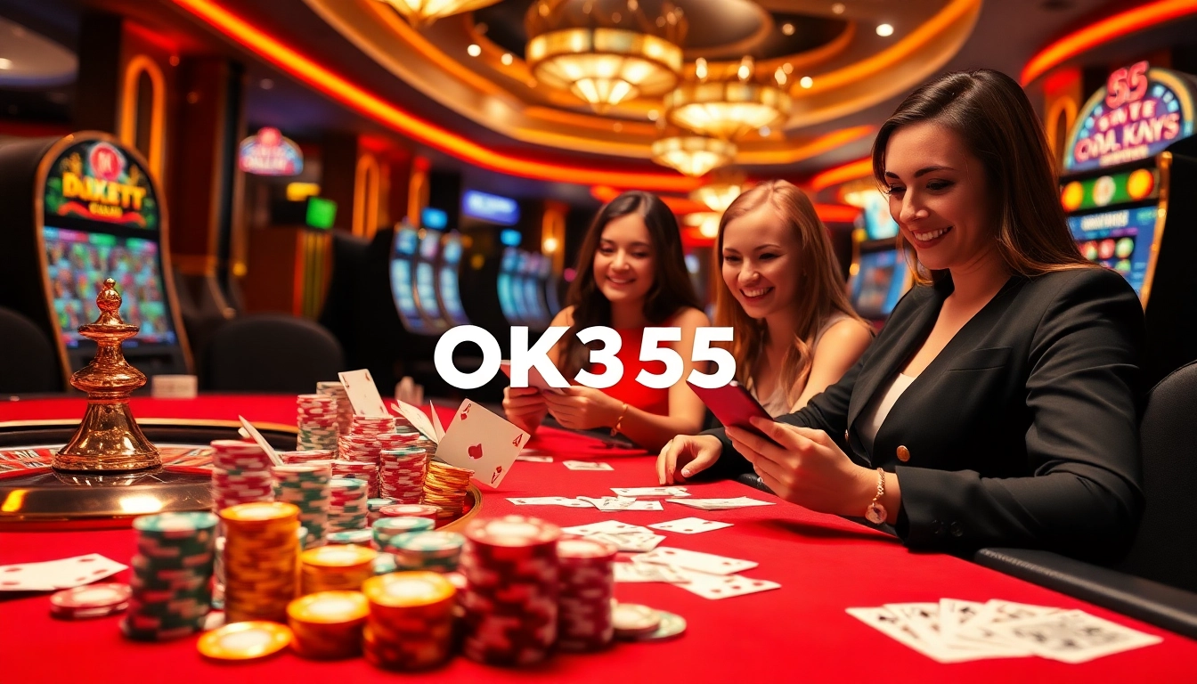 Players enjoying the excitement of online gambling at OK365 with colorful poker chips and slot machines.