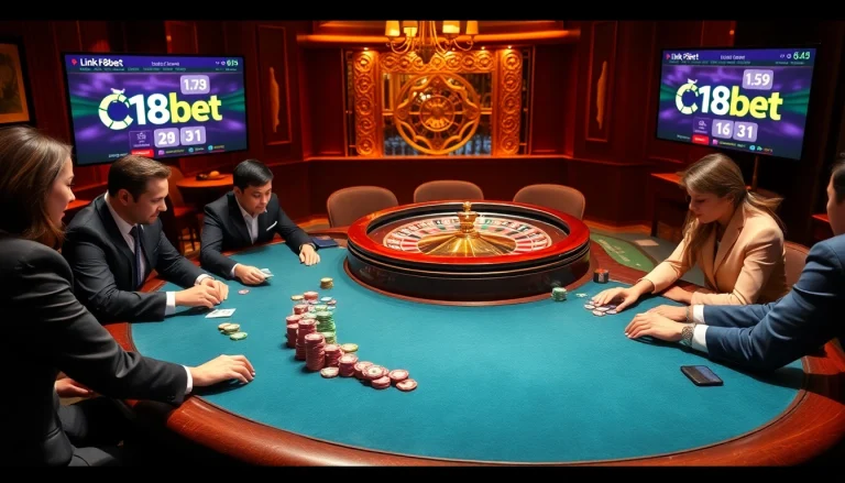 Experience thrilling gameplay at Link F8bet with vibrant casino elements like poker tables and roulette wheels.