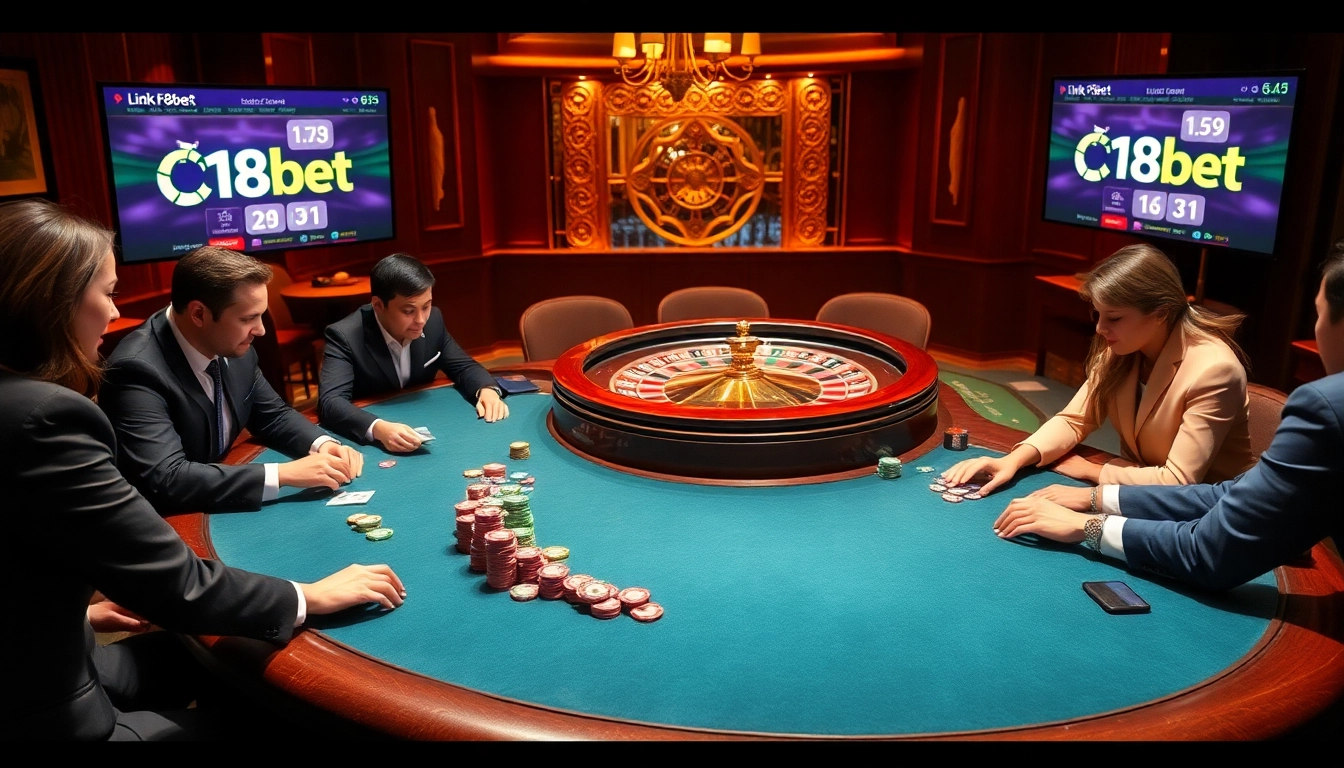 Experience thrilling gameplay at Link F8bet with vibrant casino elements like poker tables and roulette wheels.