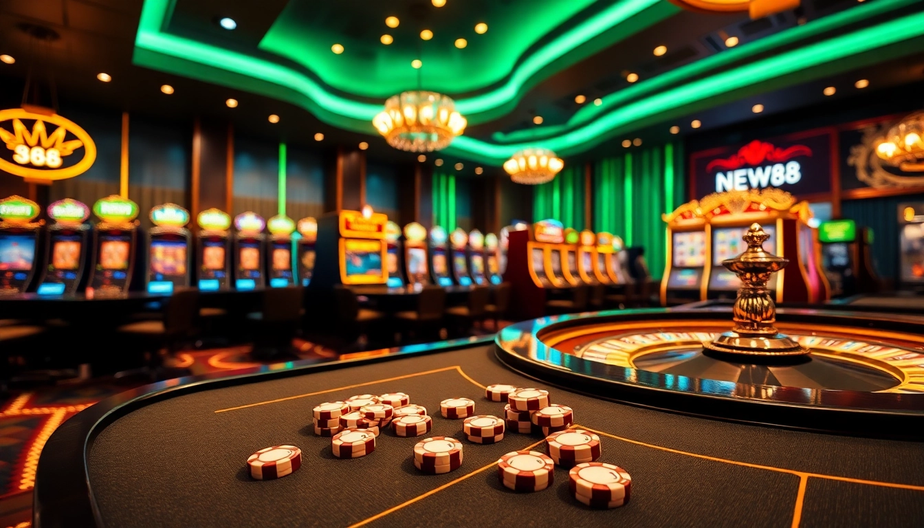 Engaging casino scene showcasing NEW88 gaming tables filled with excitement and vibrant colors.