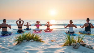 Groupe de personnes méditant au bord de la mer, illustrant le style de vie serein et équilibré.