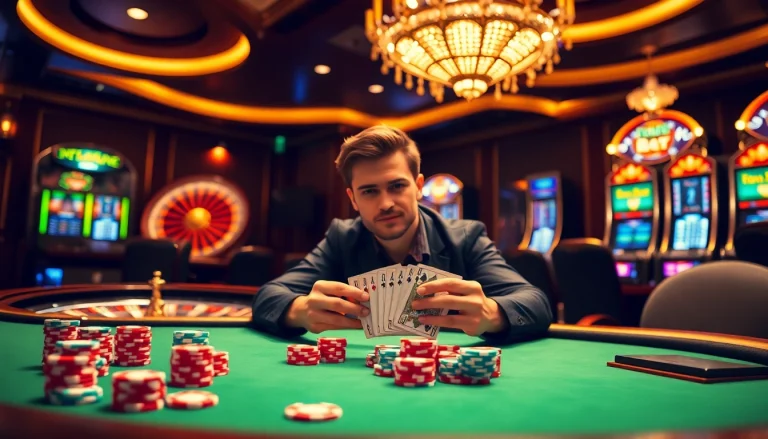 Winning cards and chips at a lively poker table inspired by https://cpc188.org environment.