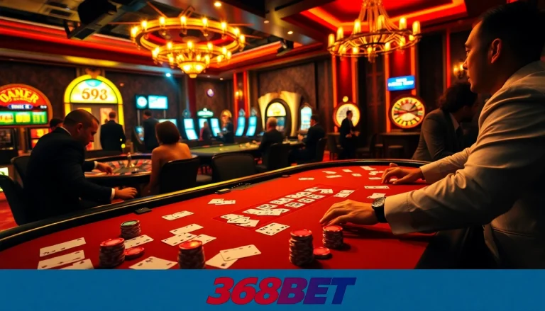 Experience high-stakes poker at 368BET’s luxurious casino with intense gameplay and striking visuals.
