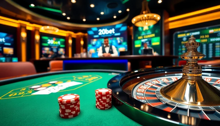 Engaging players at the 20bet casino table with vibrant poker chips and cards.