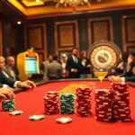S8 poker chips stacked high during an exciting money match in a luxurious casino environment.