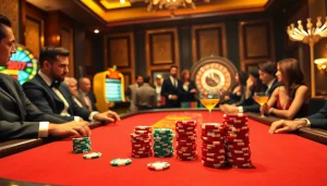 S8 poker chips stacked high during an exciting money match in a luxurious casino environment.