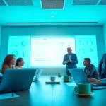 Innovative workspace showcasing diverse professionals engaged around https://gg88.work/ with dynamic digital interfaces.