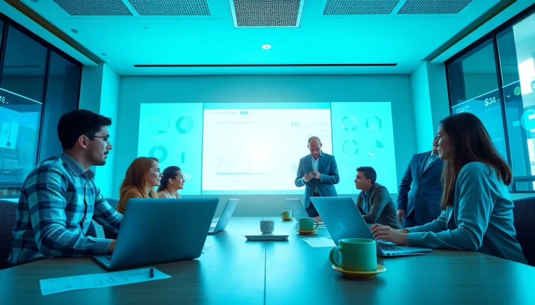 Innovative workspace showcasing diverse professionals engaged around https://gg88.work/ with dynamic digital interfaces.