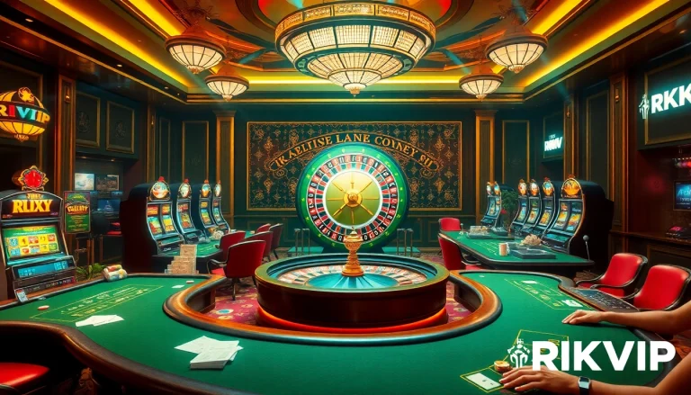 Gamblers enjoying intense poker action at RIKVIP's luxurious casino scene with vibrant slot machines.