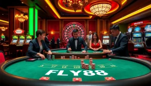Players enjoying high-stakes excitement at FLY88 casino with vibrant gaming tables and luxurious decor.
