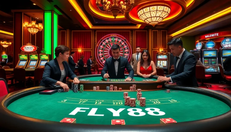 Players enjoying high-stakes excitement at FLY88 casino with vibrant gaming tables and luxurious decor.