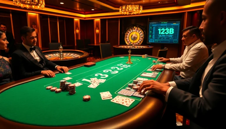 Engaged players at a poker table in a luxurious casino setting with 123B-themed betting interface.