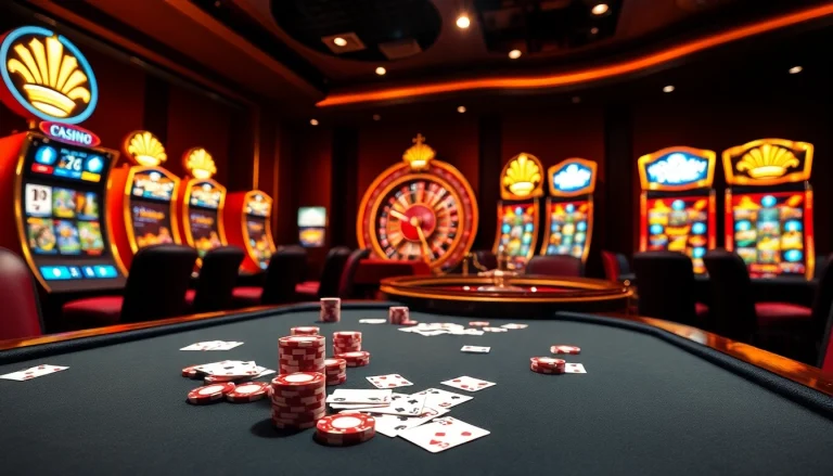 Engage in thrilling games at a premier casino en ligne, showcasing vibrant tables and dynamic slot machines.