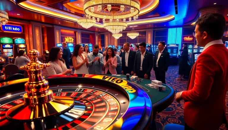 Tỷ lệ kèo displayed at a luxurious casino table, showcasing thrilling gambling action with roulette and cards.
