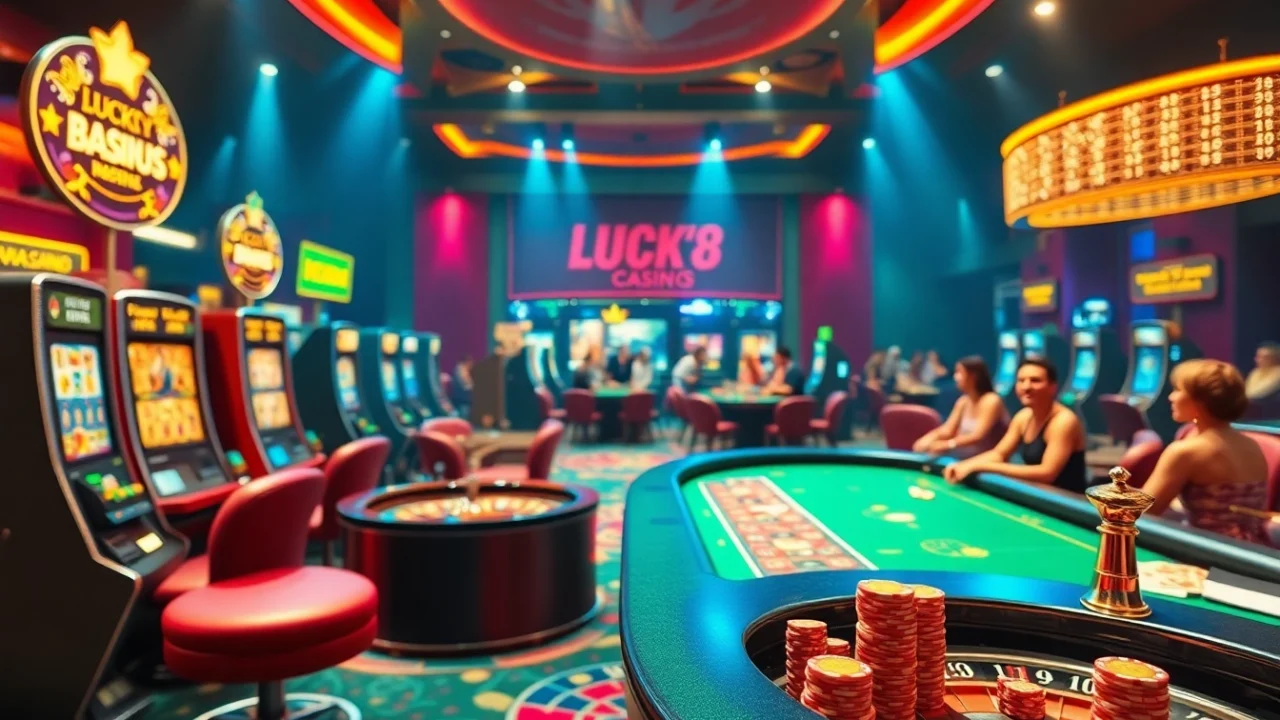 Experience the thrill of online gambling at LUCK8.COM with vibrant casino visuals and exciting game elements.