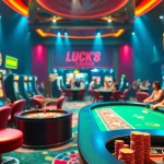 Experience the thrill of online gambling at LUCK8.COM with vibrant casino visuals and exciting game elements.