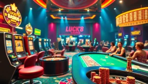 Experience the thrill of online gambling at LUCK8.COM with vibrant casino visuals and exciting game elements.