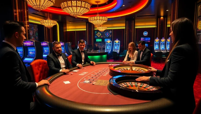 Players enjoying a thrilling game at Bk33 club poker table with chips, cards, and roulette wheel.