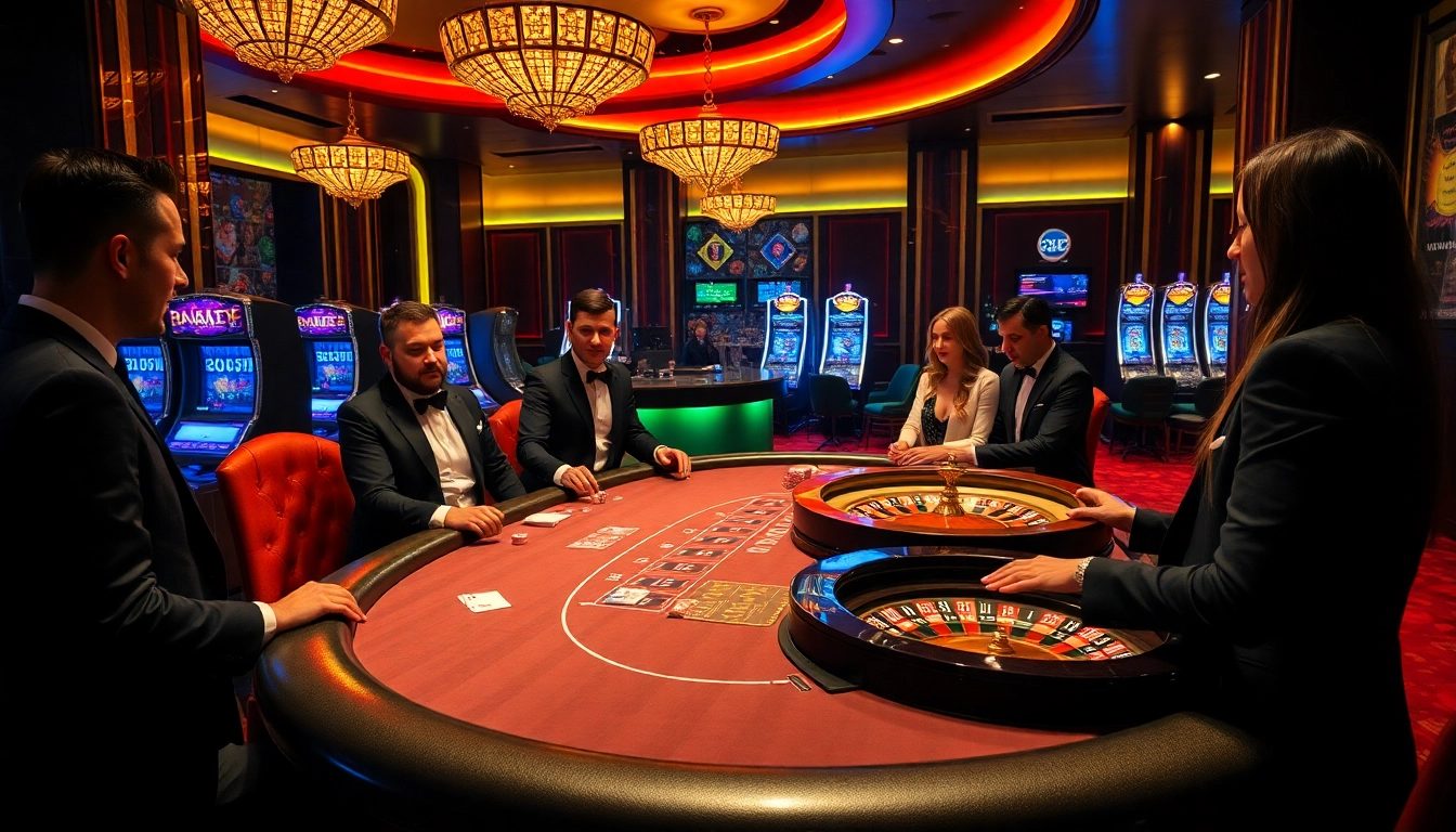 Players enjoying a thrilling game at Bk33 club poker table with chips, cards, and roulette wheel.