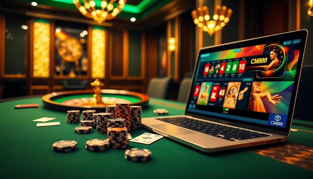 Experience the thrill of CM88 at an elegant casino with a vibrant poker table.