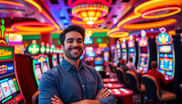 Jouez à casino en ligne avec des joueurs célébrant leurs gains dans un environnement vibrant.