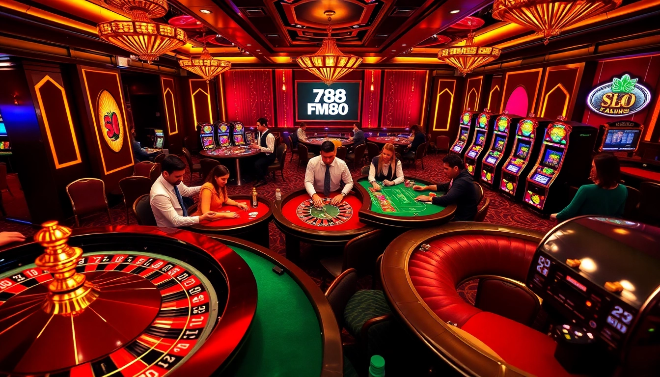 FM88 casino players enjoying thrilling moments at roulette and slot machines.