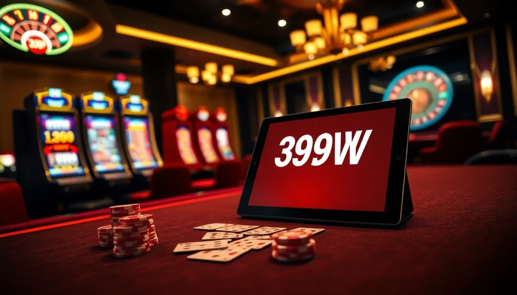 Engaging casino scene featuring 399W logo on a tablet amidst poker, slots, and roulette.