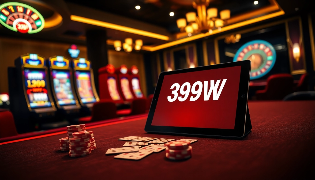 Engaging casino scene featuring 399W logo on a tablet amidst poker, slots, and roulette.