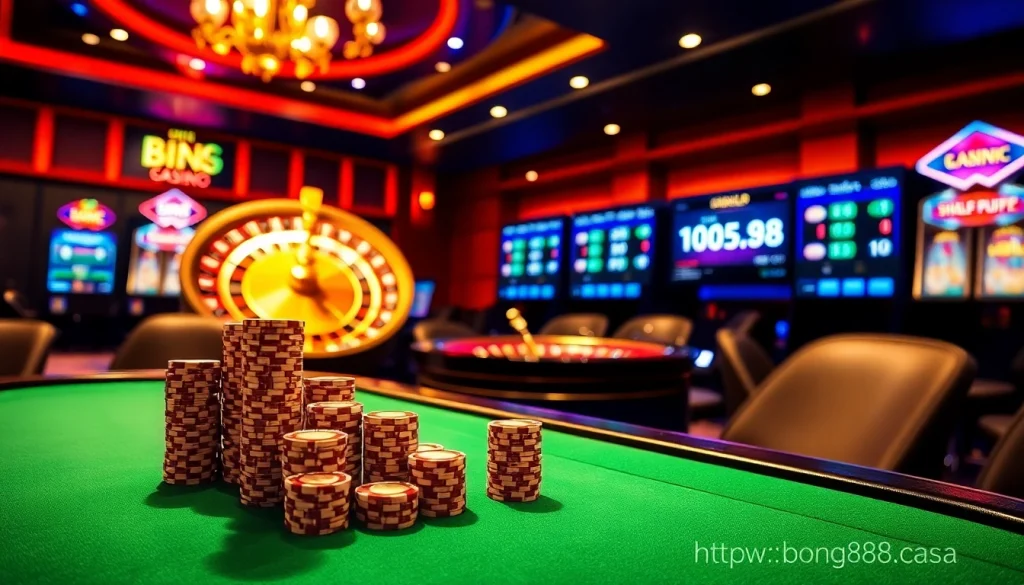Engage with the vibrant online gambling atmosphere at https://bong88.casa/ featuring a luxurious poker table.