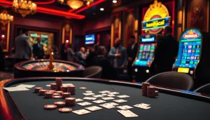 A thrilling casino atmosphere with a poker table and live betting odds on keonhacai5, showcasing excitement and strategy.