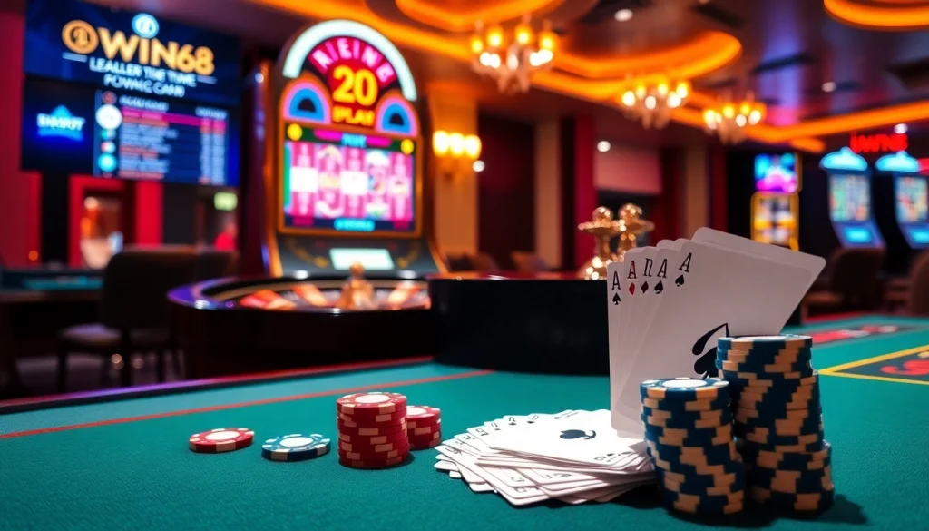 IWIN68 casino scene with exciting gaming tables, cards, and vibrant slot machines.