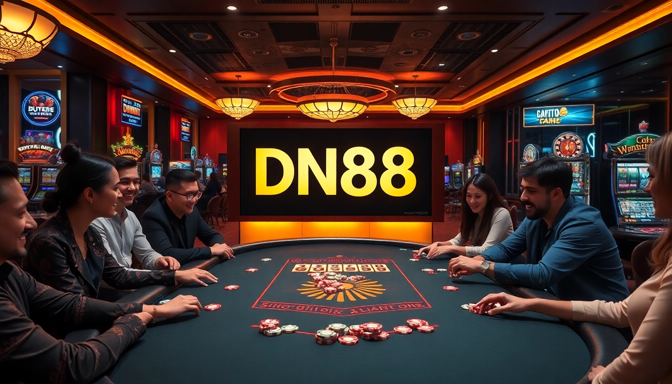 Experience the thrill of victory at DN88 casino with players enjoying blackjack and vibrant gaming tables.