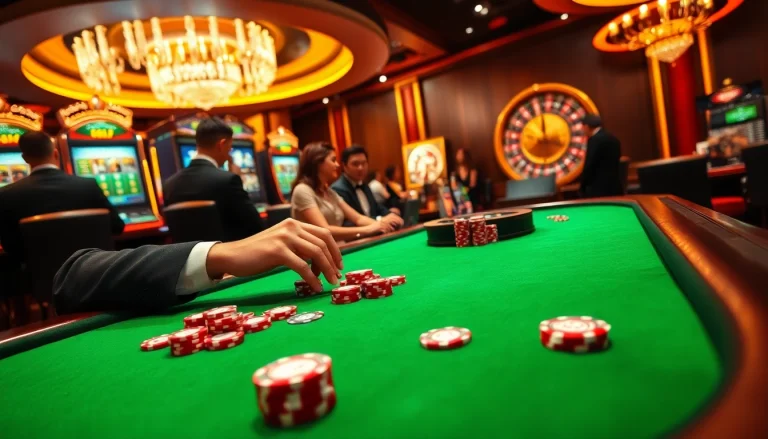 Engaged patrons playing at a luxurious casino table, experiencing the thrill of LC88M COM.