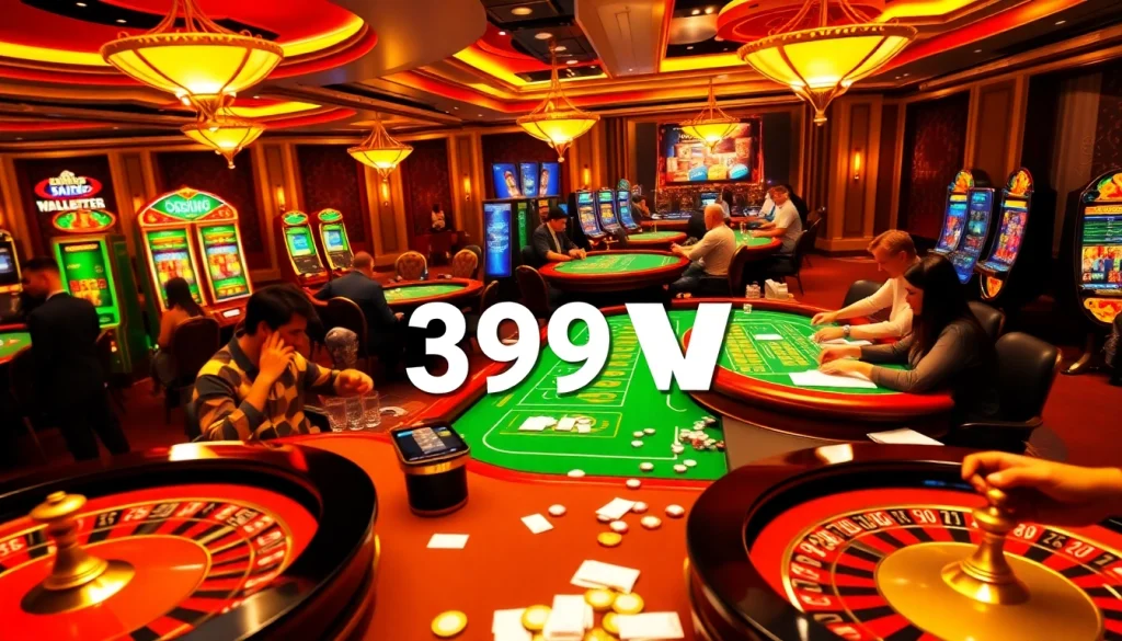 Players enjoying games at a luxury casino featuring 399W branding elements and dynamic gaming tables.