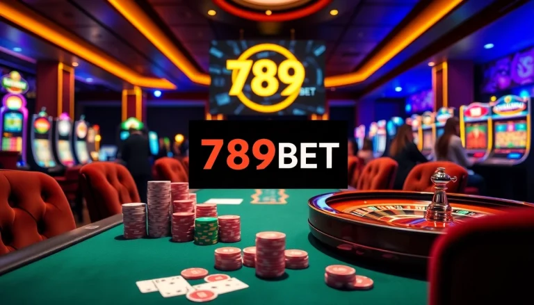 Engaging casino scene with vibrant poker table and the 789BET logo illuminated.
