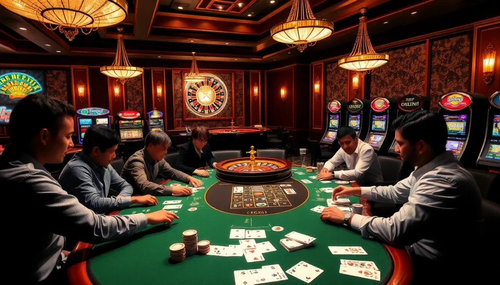 Players strategizing a poker game in a luxurious casino setting with elements of OKVIP.