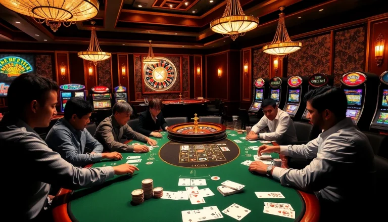 Players strategizing a poker game in a luxurious casino setting with elements of OKVIP.