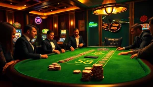 Exciting casino scene showcasing a poker game with vibrant "S8" themed chips and luxury ambiance.