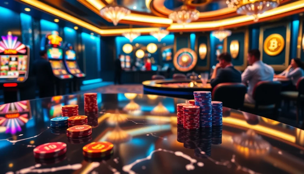 Exciting casino crypto gaming scene with vibrant chips, digital currency, and luxurious decor.