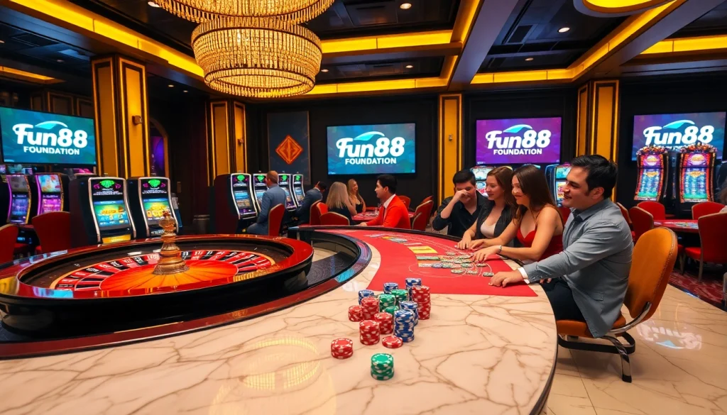 Players enjoying vibrant casino games at fun88.foundation with roulette, slot machines, and poker chips.