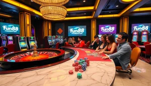 Players enjoying vibrant casino games at fun88.foundation with roulette, slot machines, and poker chips.