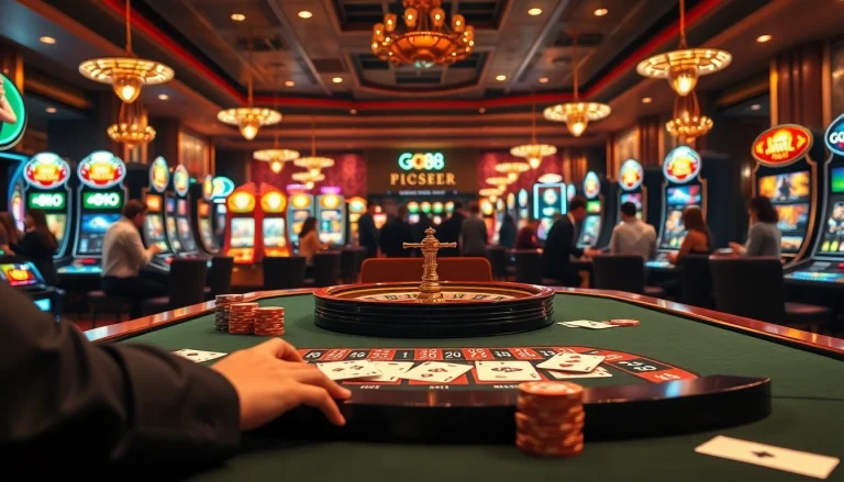 Experience the excitement of gambling at go88 with vibrant casino visuals showcasing poker chips and roulette wheels.