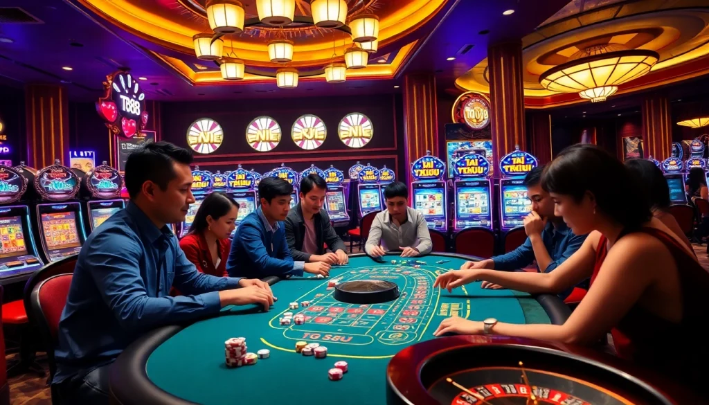 Experience the excitement of tg88 with players enjoying a high-stakes game of Tài Xỉu amidst luxurious casino visuals.