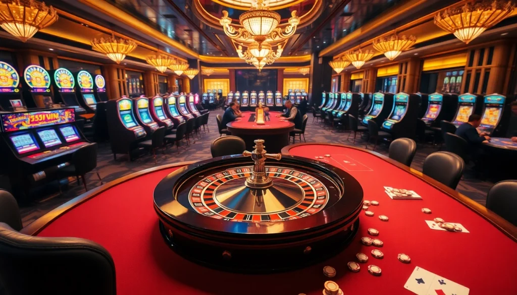 Engaging casino scene highlighting players aiming for a 555 win with poker chips and a roulette wheel.