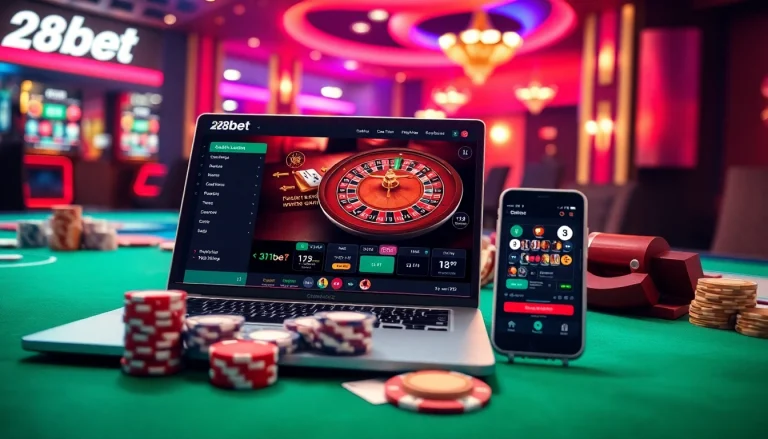 28bet casino scene with vibrant colors showcasing poker chips and roulette wheel in a luxurious atmosphere.