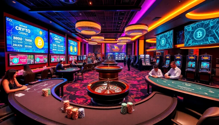 Exciting scene at crypto casinos showcasing vibrant gaming tables and colorful poker chips.