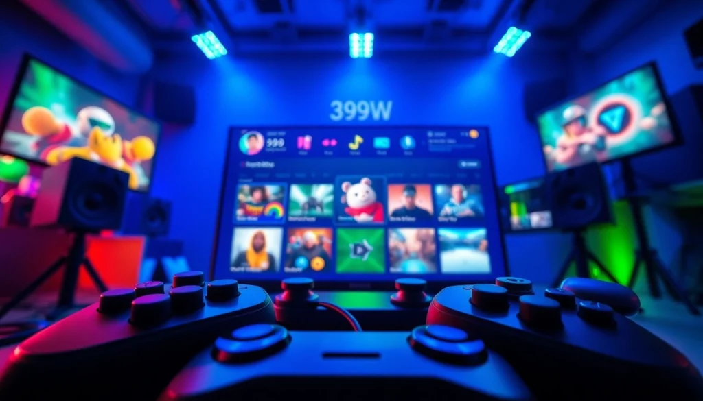 Dynamic interface of 399W showcasing online gaming features, immersive colors, and audio elements.