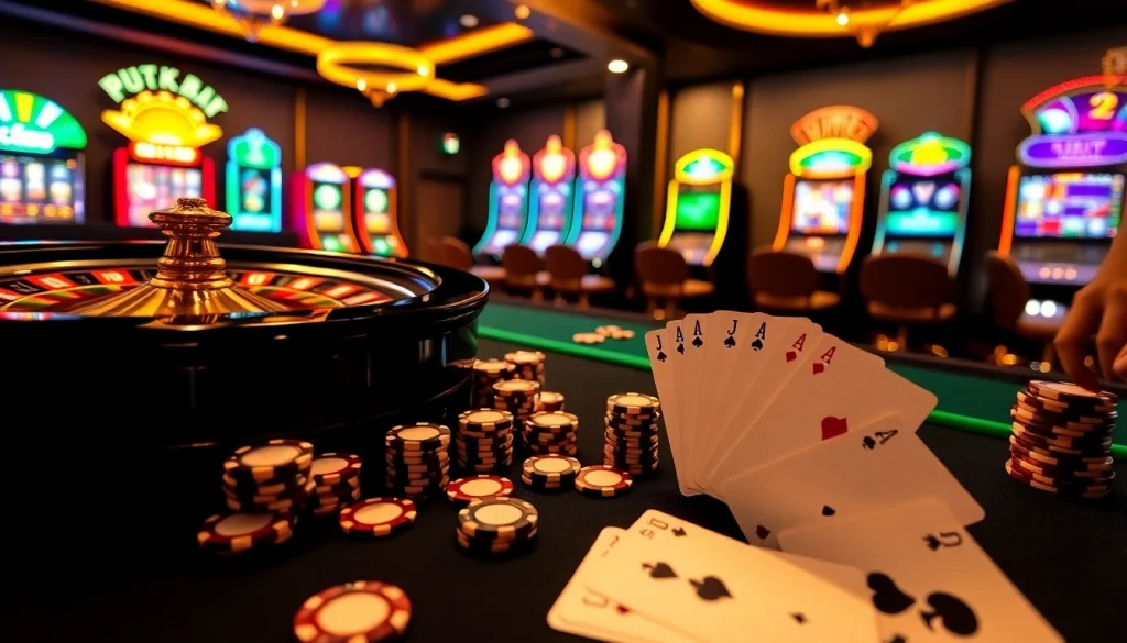 Experience the excitement of Luck8 as players engage with a glamorous casino scene featuring poker chips and a roulette wheel.