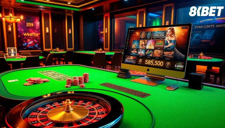 Exciting online casino scene showcasing 8KBET with luxurious tables, dice, and vibrant games.
